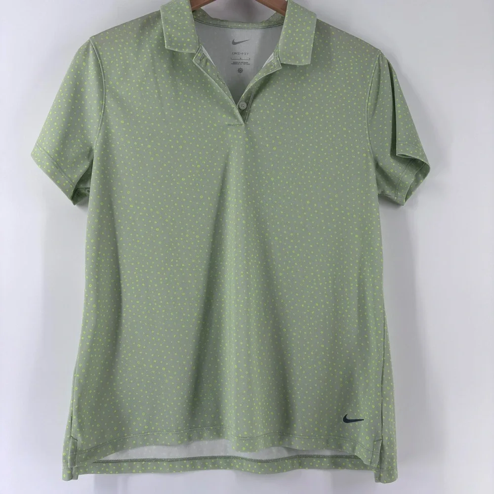 Nike Polo Shirt Womens L Green Dri-FIT Micro Dot Short Sleeve Golf Tennis Top